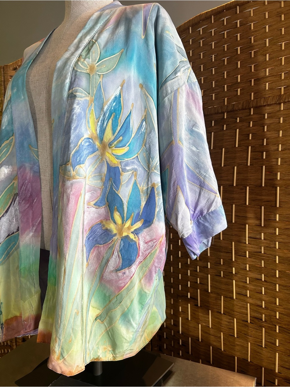 🎨Hand Painted Silk Kimono One of a Kind Wearable Art Floral M L Glory Fibers